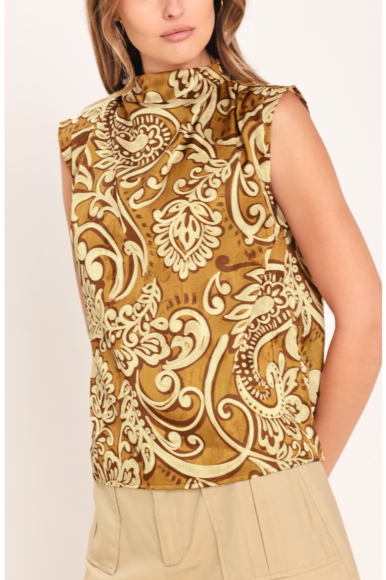 Mock Neck Sleeveless Print Top, Alternate, color, BROWN