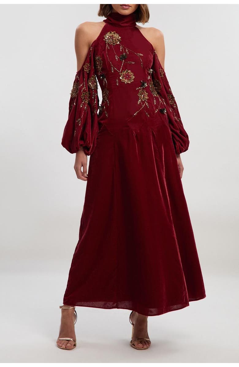 Karen Millen Velvet Embroidered High Neck Maxi Dress, Alternate, color, Rust