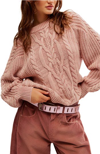 Free People Frankie Cable Cotton Sweater In Misty Rose