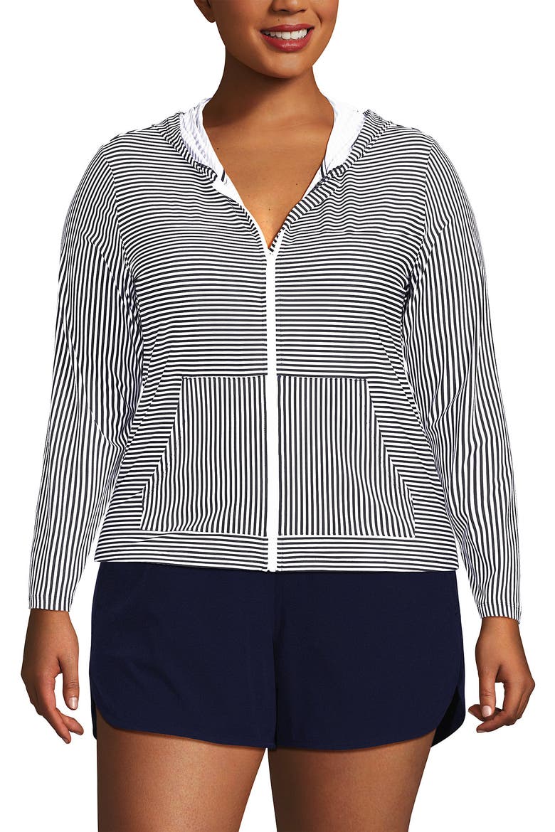 SunShade UPF 50 Long Sleeve Hooded Full Zip Rash Guard, Alternate, color, Deep Sea Navy Mini Stripe