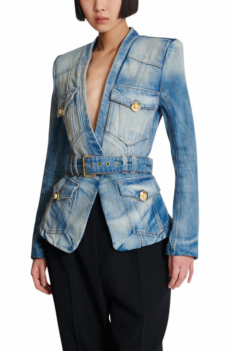 Balmain 1-Button Belted Denim Jacket, Alternate, color, Blue