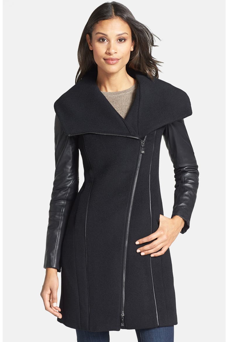 'Serena' Leather Sleeve Asymmetrical Wool Coat, Main, color, BLACK
