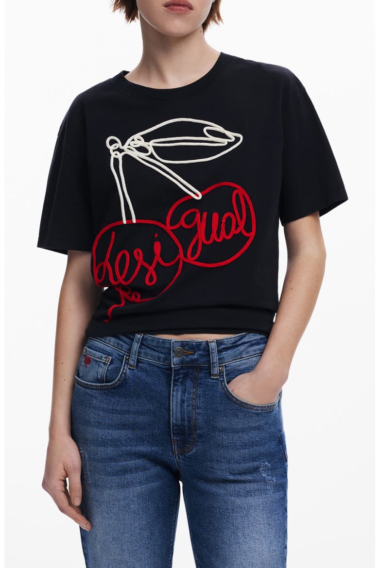 Cherry Rope Embellished Cotton Graphic T-Shirt, Main, color, BLACK