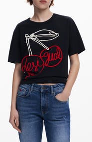 Desigual Cherry Rope Embellished Cotton Graphic T-Shirt