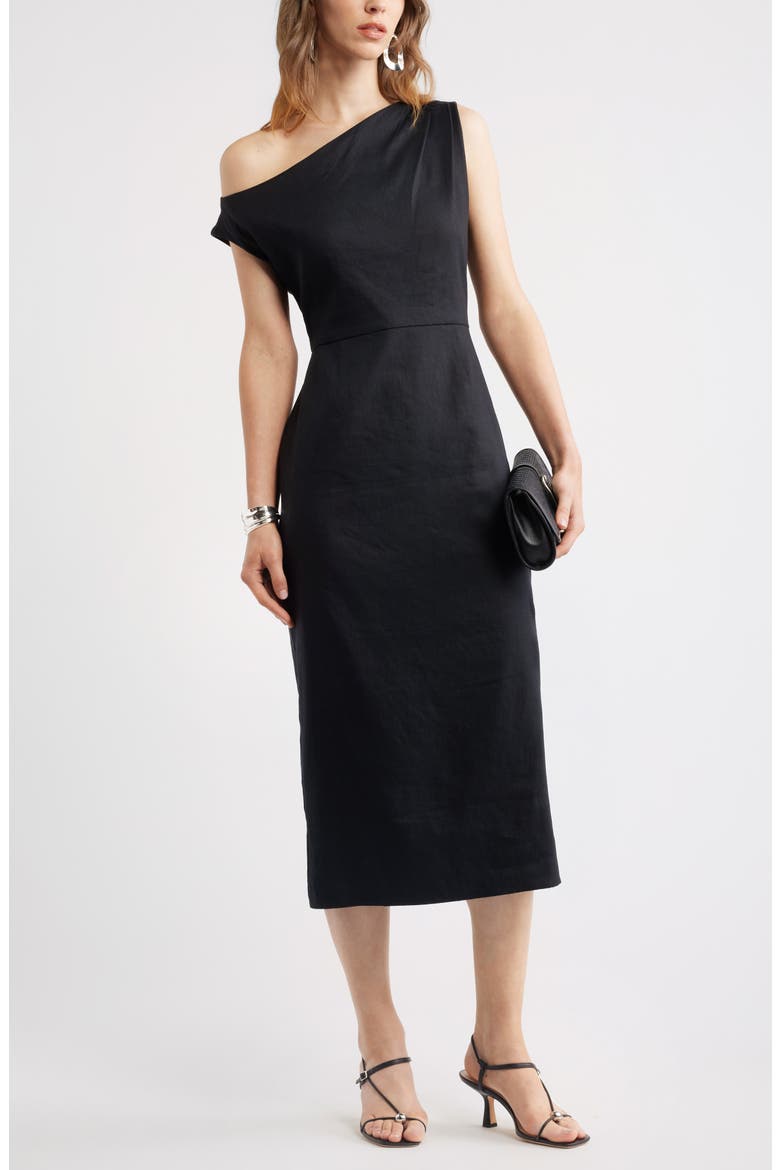 Floral Off the Shoulder Linen Blend Midi Dress, Main, color, BLACK