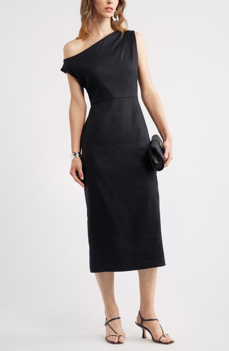 Nordstrom Floral Off the Shoulder Linen Blend Midi Dress, Main, color, Black