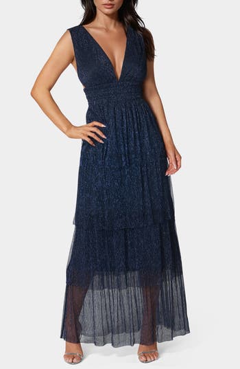 Shop Bebe Plunge Neck Tiered Maxi Dress In Navy