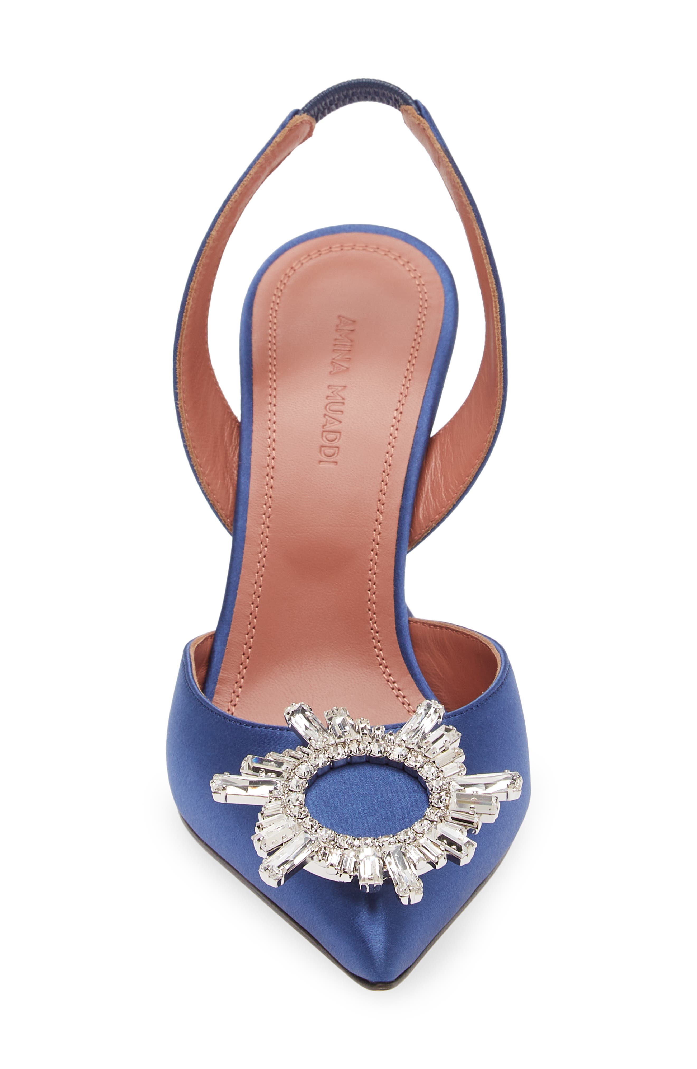 Amina Muaddi Begum Crystal Pointed Toe Slingback Pump, Alternate, color, Navy Blue