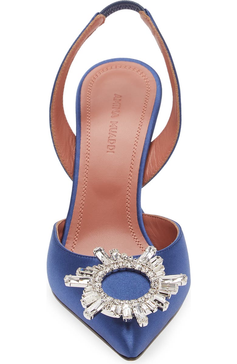 Amina Muaddi Begum Crystal Pointed Toe Slingback Pump, Alternate, color, Navy Blue