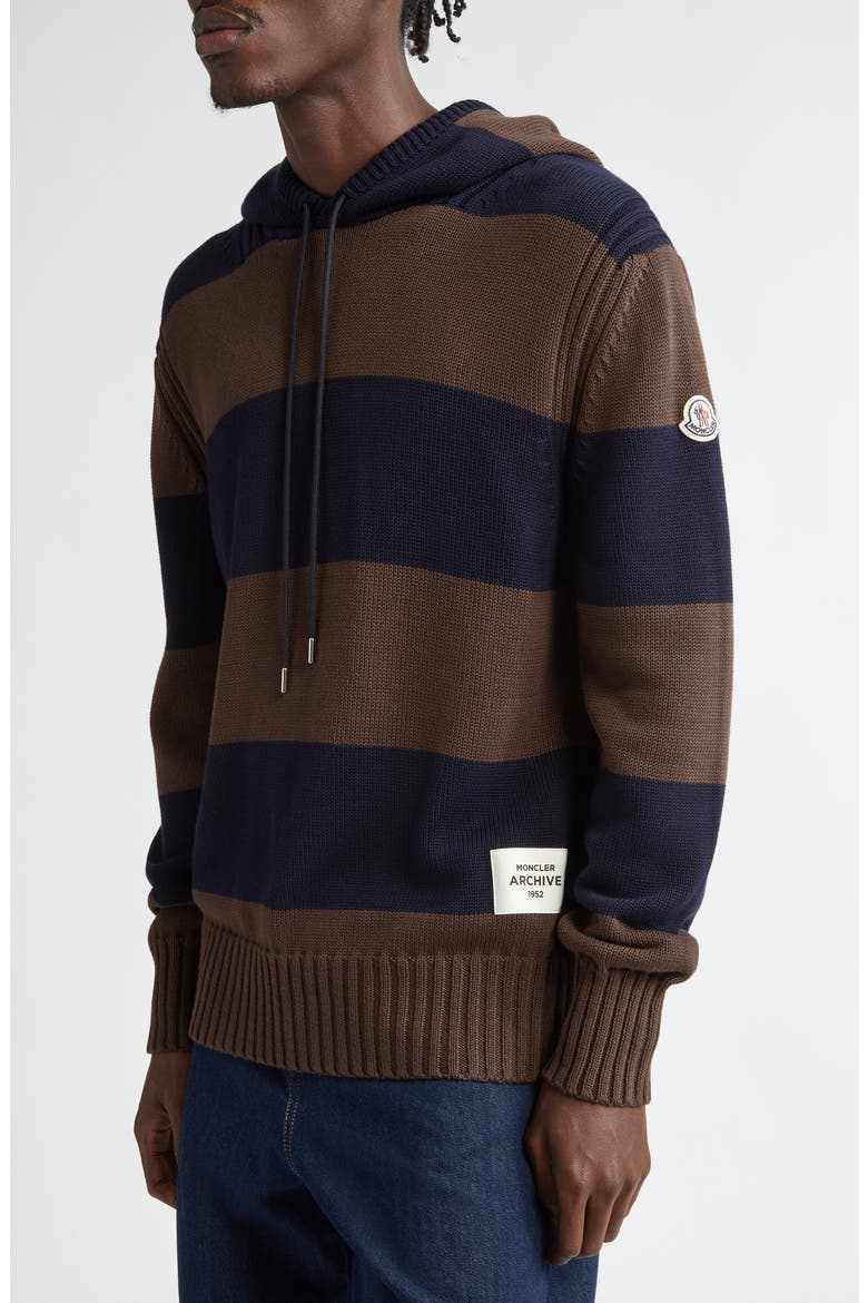 Stripe Logo Knit Cotton Hoodie, Alternate, color, BLUE/ BROWN