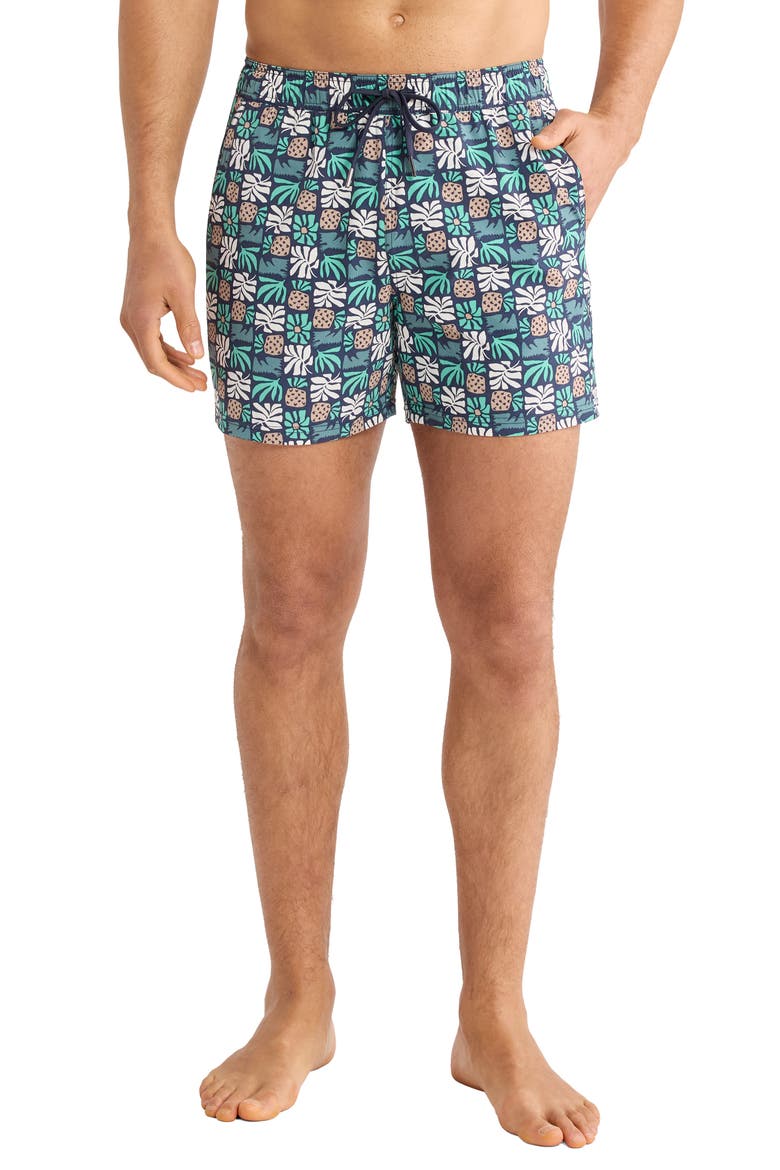Bungalow Pineapple Print Water Repellent Swim Trunks, Main, color, NAVY PALM TILES