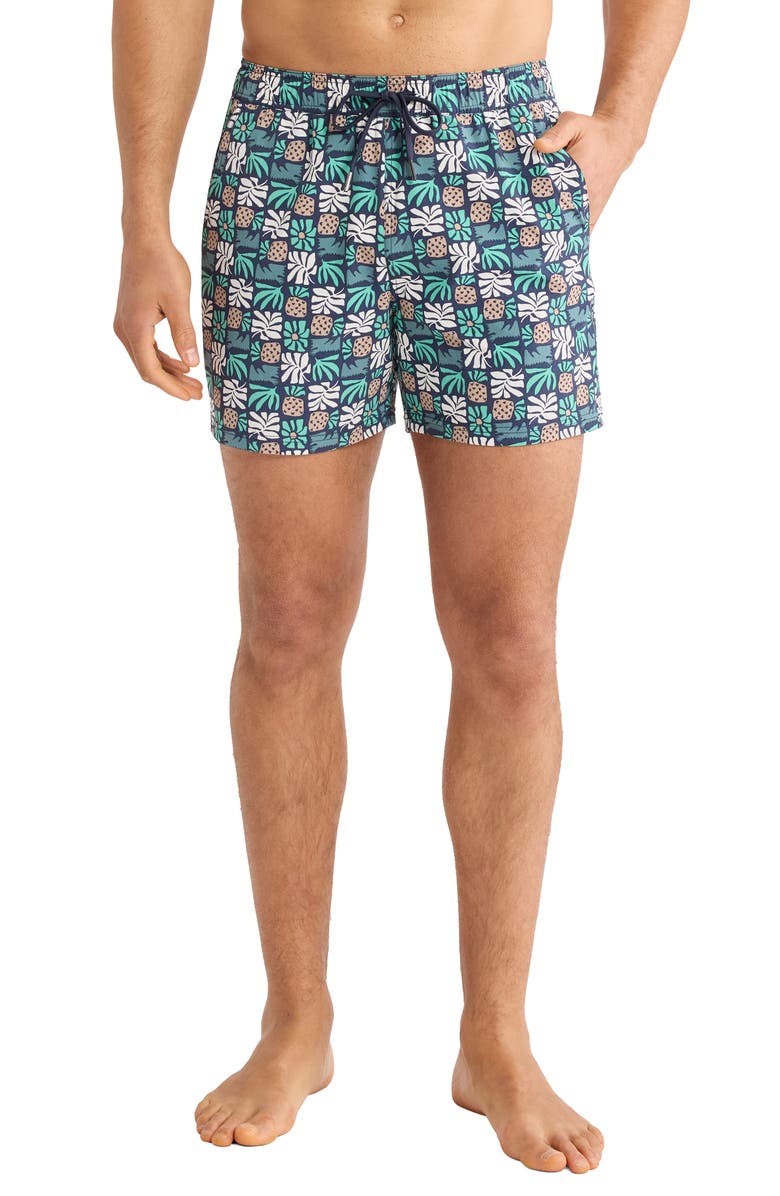 Fair Harbor Bungalow Pineapple Print Water Repellent Swim Trunks, Main, color, Navy Palm Tiles