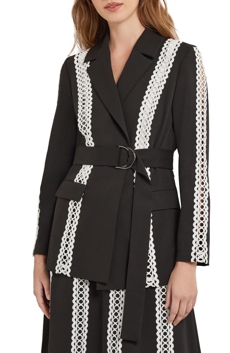 Misook Heritage Eyelet Lace Stripe Jacket, Main, color, Black/White