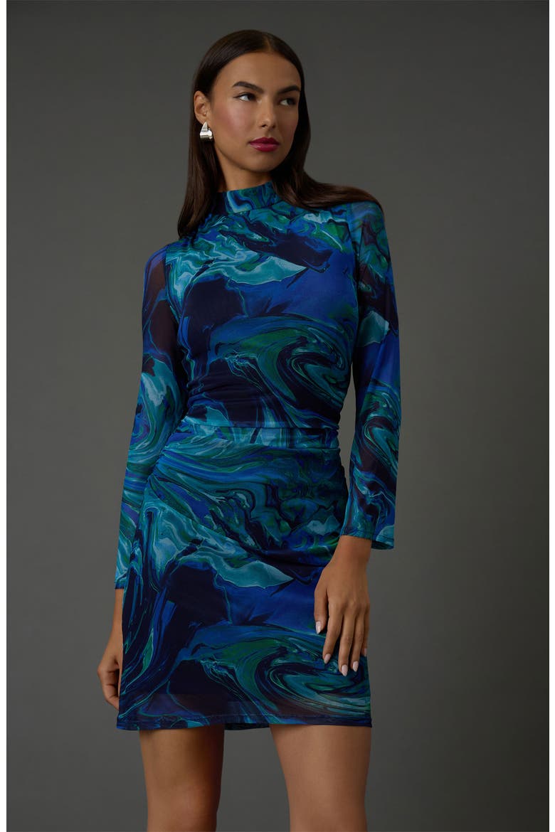 Long Sleeve Ruched Mesh Minidress, Alternate, color, BALTIC SEA/ NAVY