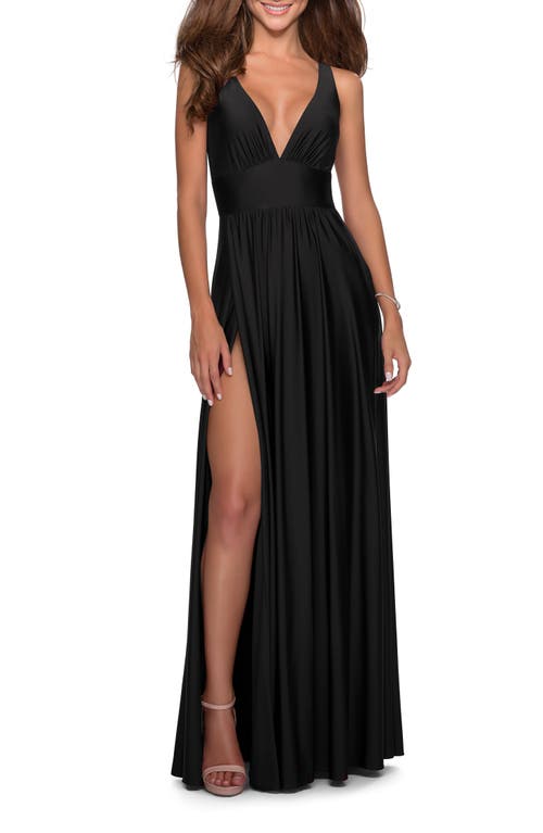 LA FEMME LA FEMME EMPIRE WAIST GOWN WITH DEEP V NECKLINE
