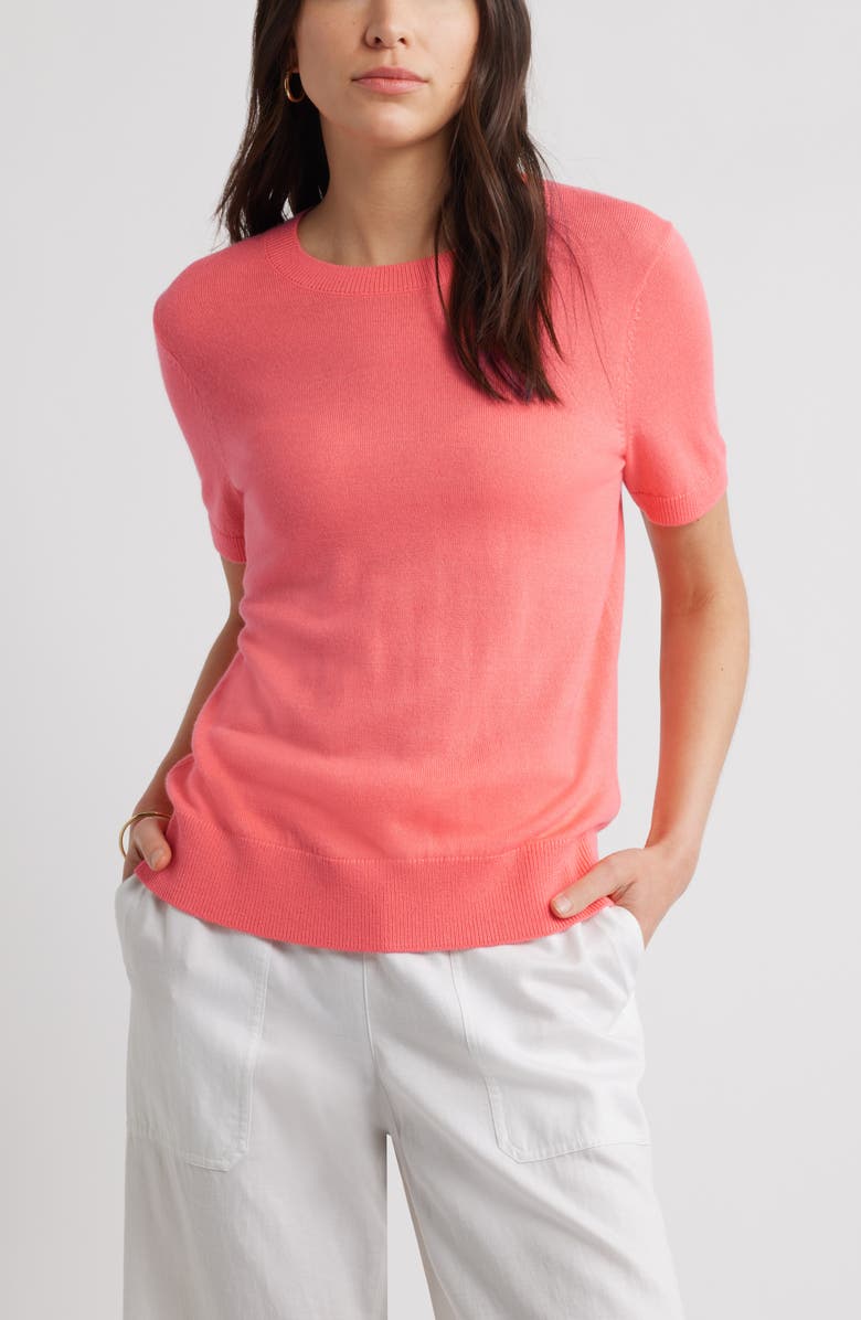 Caslon<sup>®</sup> Short Sleeve Merino Wool Blend Crewneck Sweater, Main, color, Coral Sugar