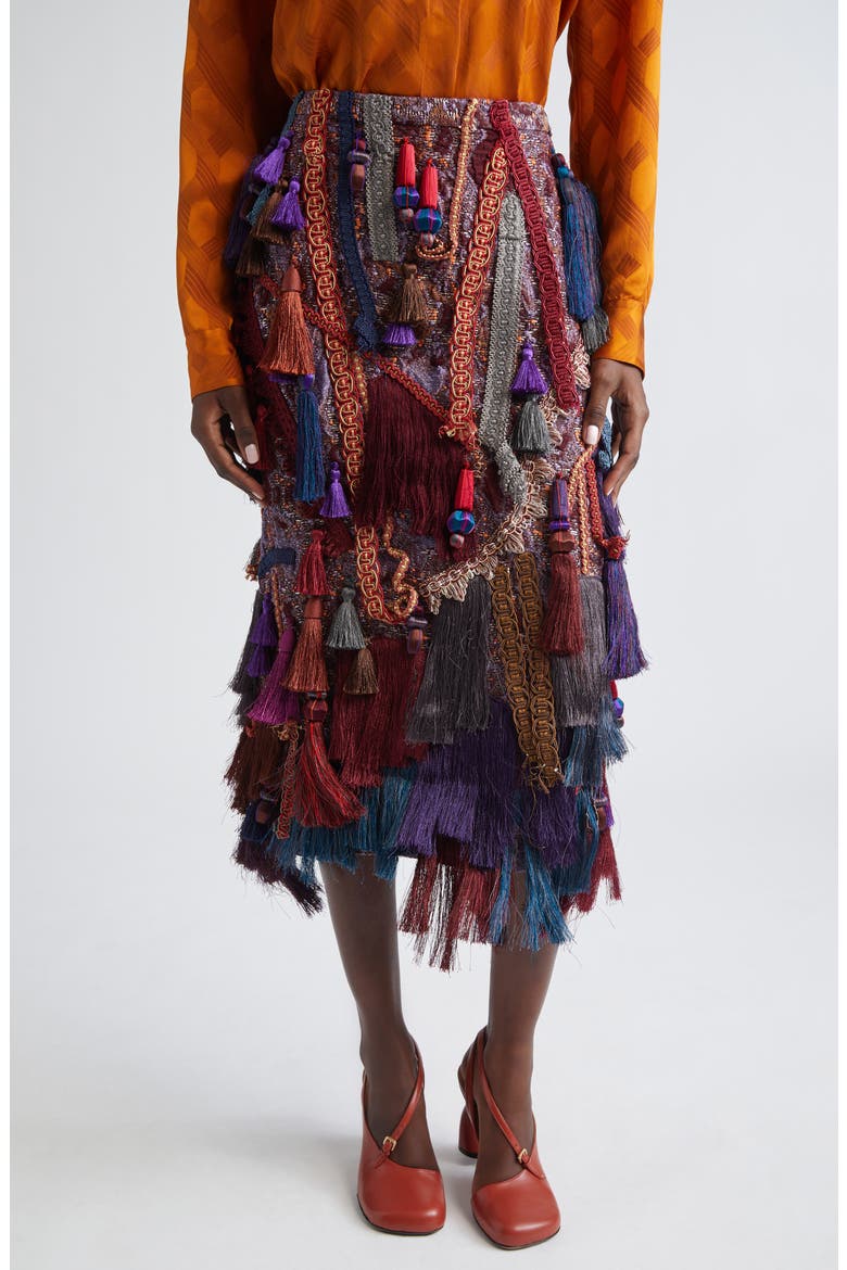 Dries Van Noten Sokna Tassel Trim Cloqué, Fringe & Tweed Midi