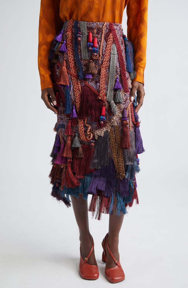 Dries Van Noten Sokna Tassel Trim Cloqué, Fringe & Tweed Midi Skirt, Main, color, Burgundy