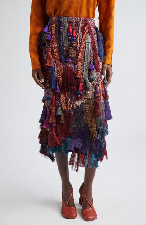Dries Van Noten Sokna Tassel Trim Cloqué, Fringe & Tweed Midi Skirt In Burgundy