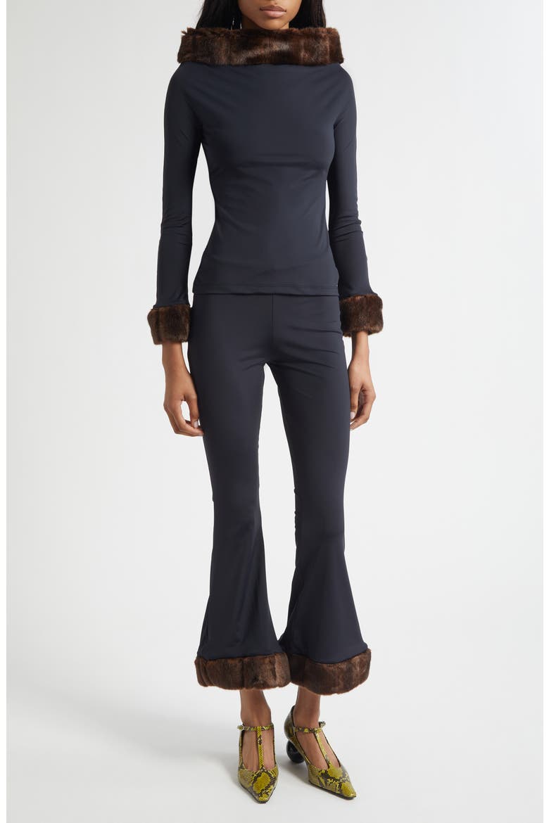Faux Mink Trim Stretch Knit Pants, Alternate, color, BLACK