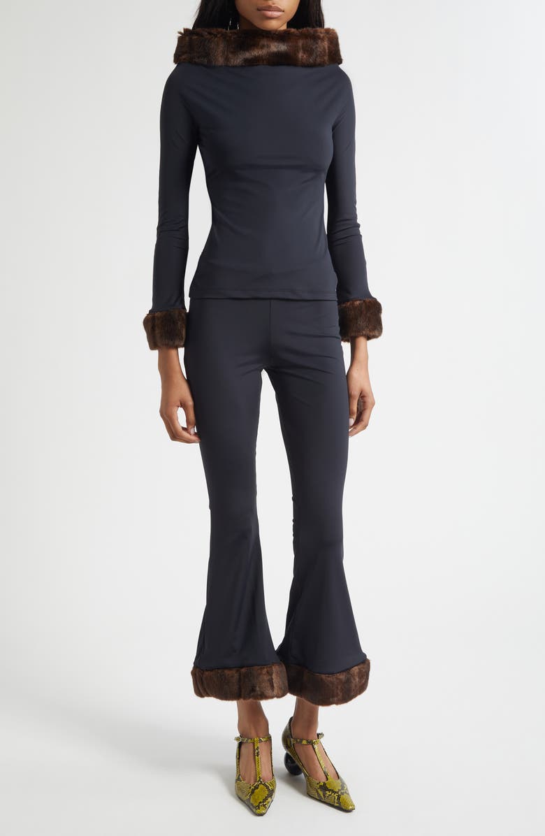 CONNER IVES Faux Mink Trim Stretch Knit Top, Alternate, color, Black