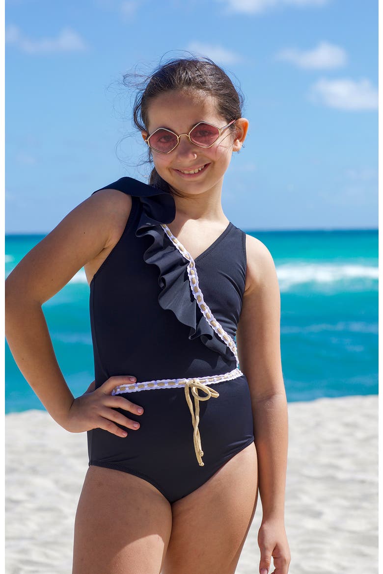 Asymmetrical Ruffle Decorative Embroidery Accents One-Piece Swimsuit, Alternate, color, Black