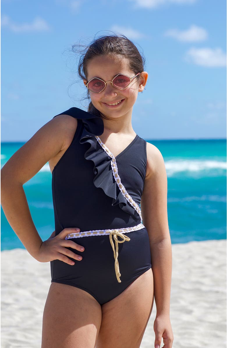 NESSI BYRD Asymmetrical Ruffle Decorative Embroidery Accents One-Piece Swimsuit, Alternate, color, Black