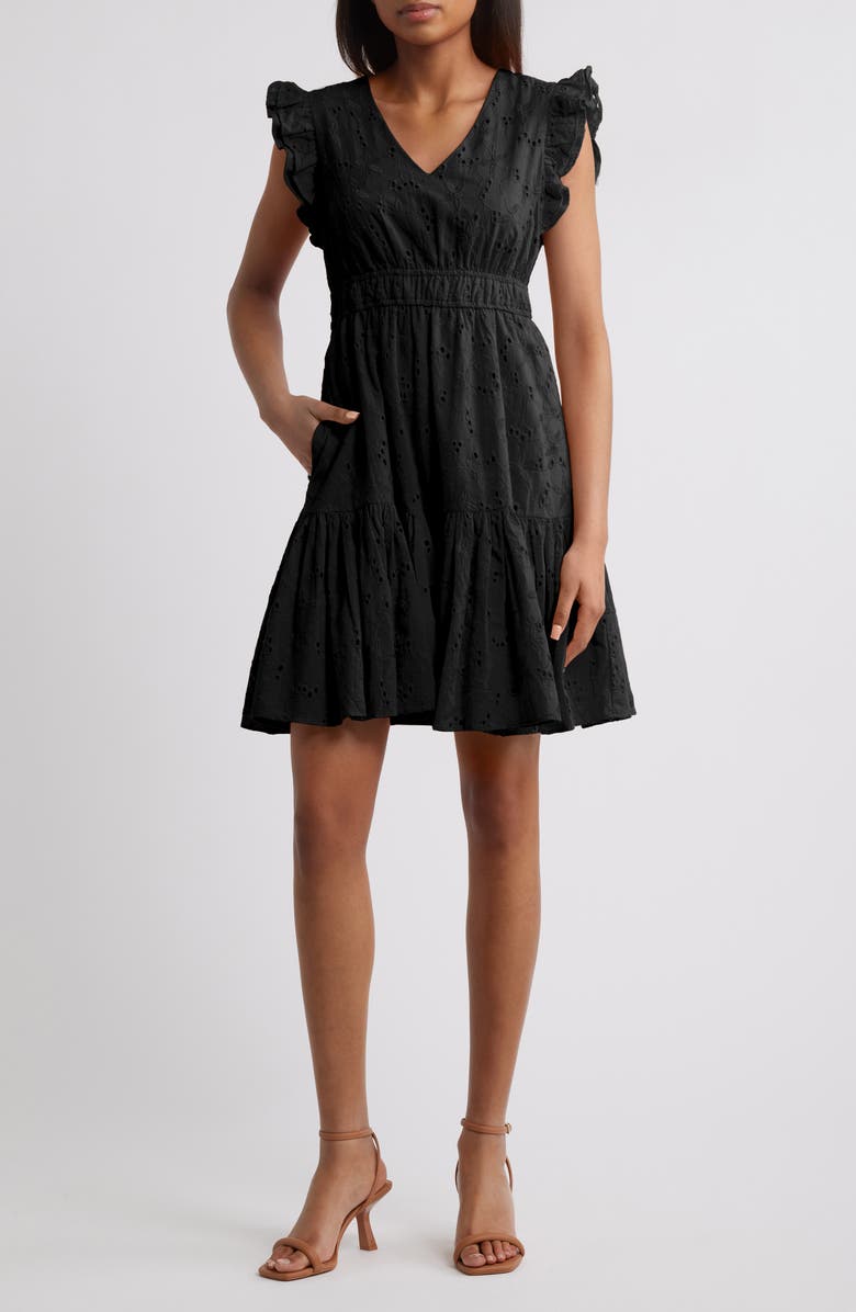 Anne Klein Embroidered Eyelet Cotton Ruffle Dress, Main, color, Anne Black