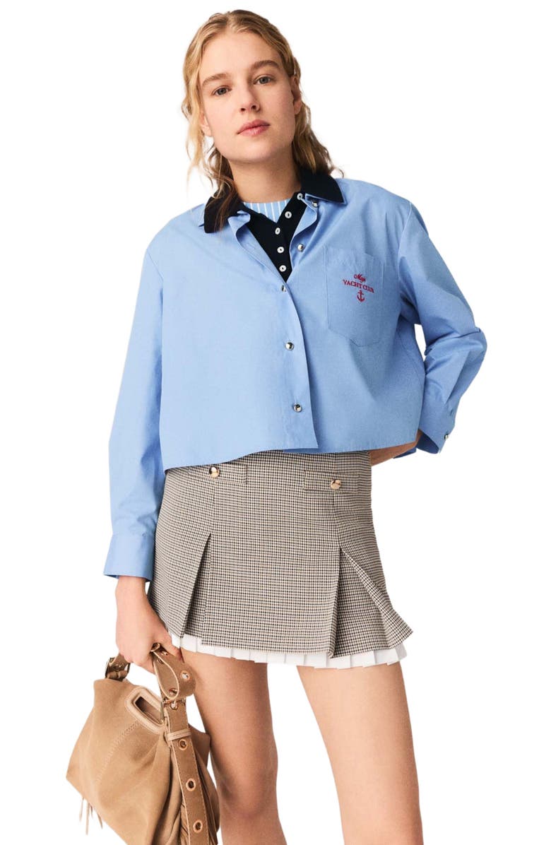 maje Pleated skirt with poplin details, Alternate, color, Brown Checks