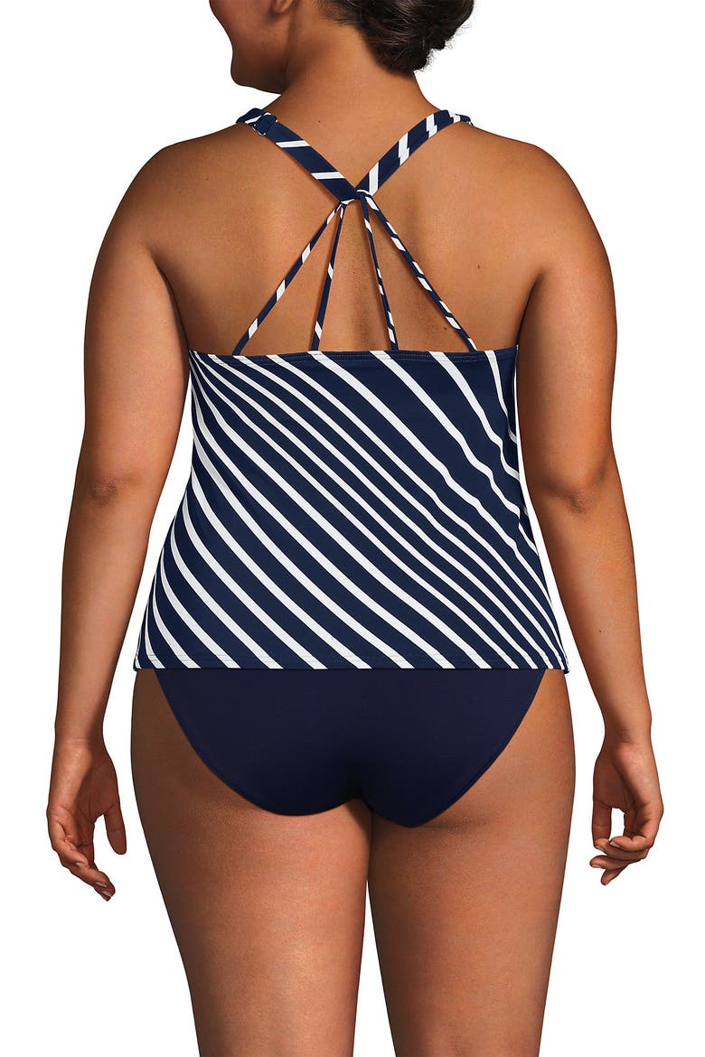 Plus Size Tugless High Neck Strappy Back Tankini Swimsuit Top, Alternate, color, Navy/White Variegated Stripe