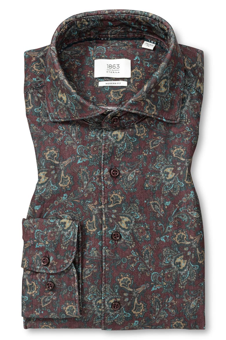 Modern Fit Corduroy Button Front Shirt, Alternate, color, DARK RED