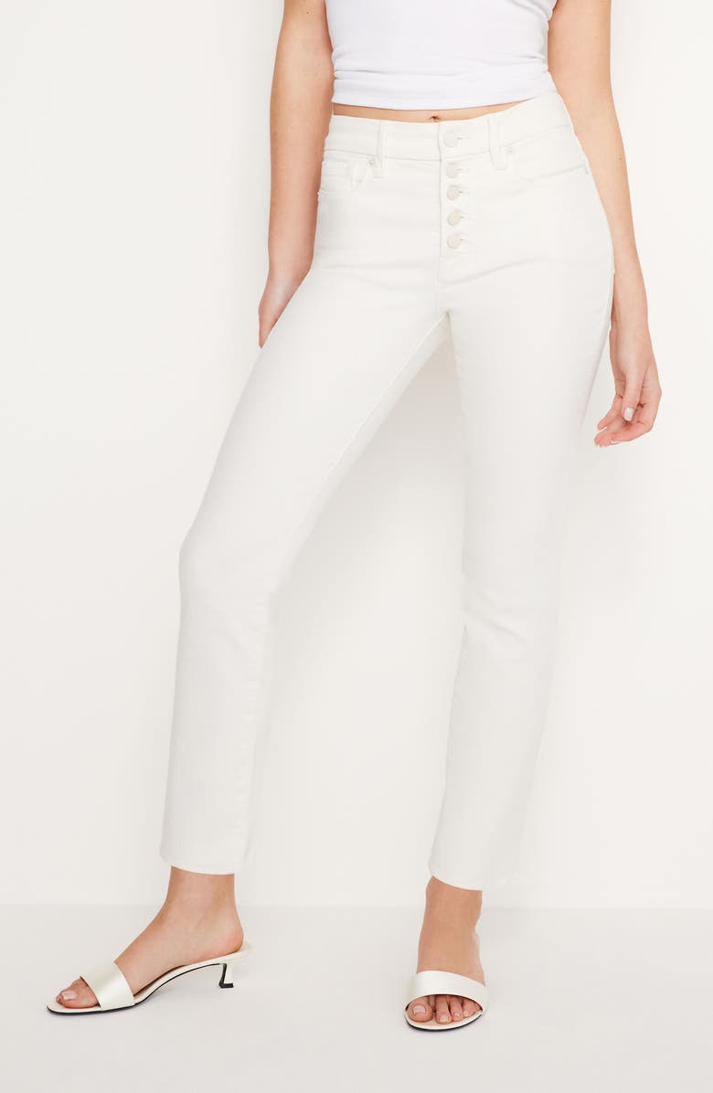 Good American Good Legs Exposed Button Straight Leg Jeans, Main, color, Cloud White001