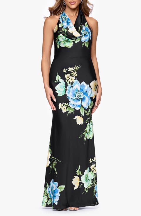 Floral Satin Halter Gown