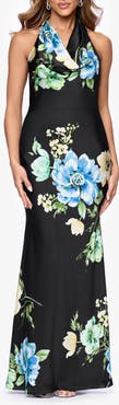 Betsy & Adam Floral Satin Halter Gown