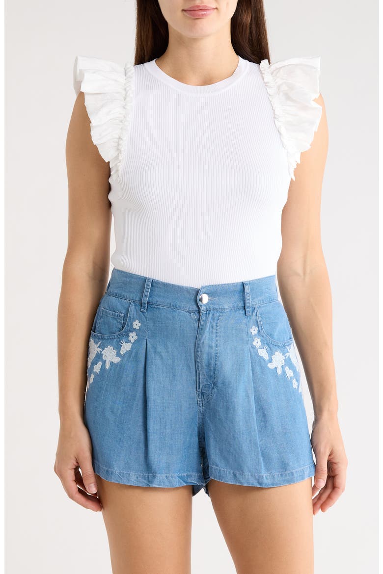 Ruffle Mixed Media Rib Sweater, Main, color, WHITE