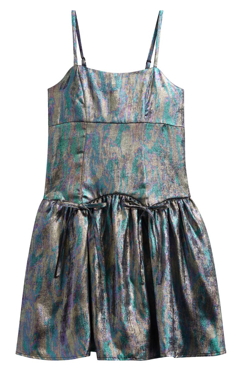 Ava & Yelly Kids' Liquid Shimmer Drop Waist Party Dress, Main, color, Green Oil Spill