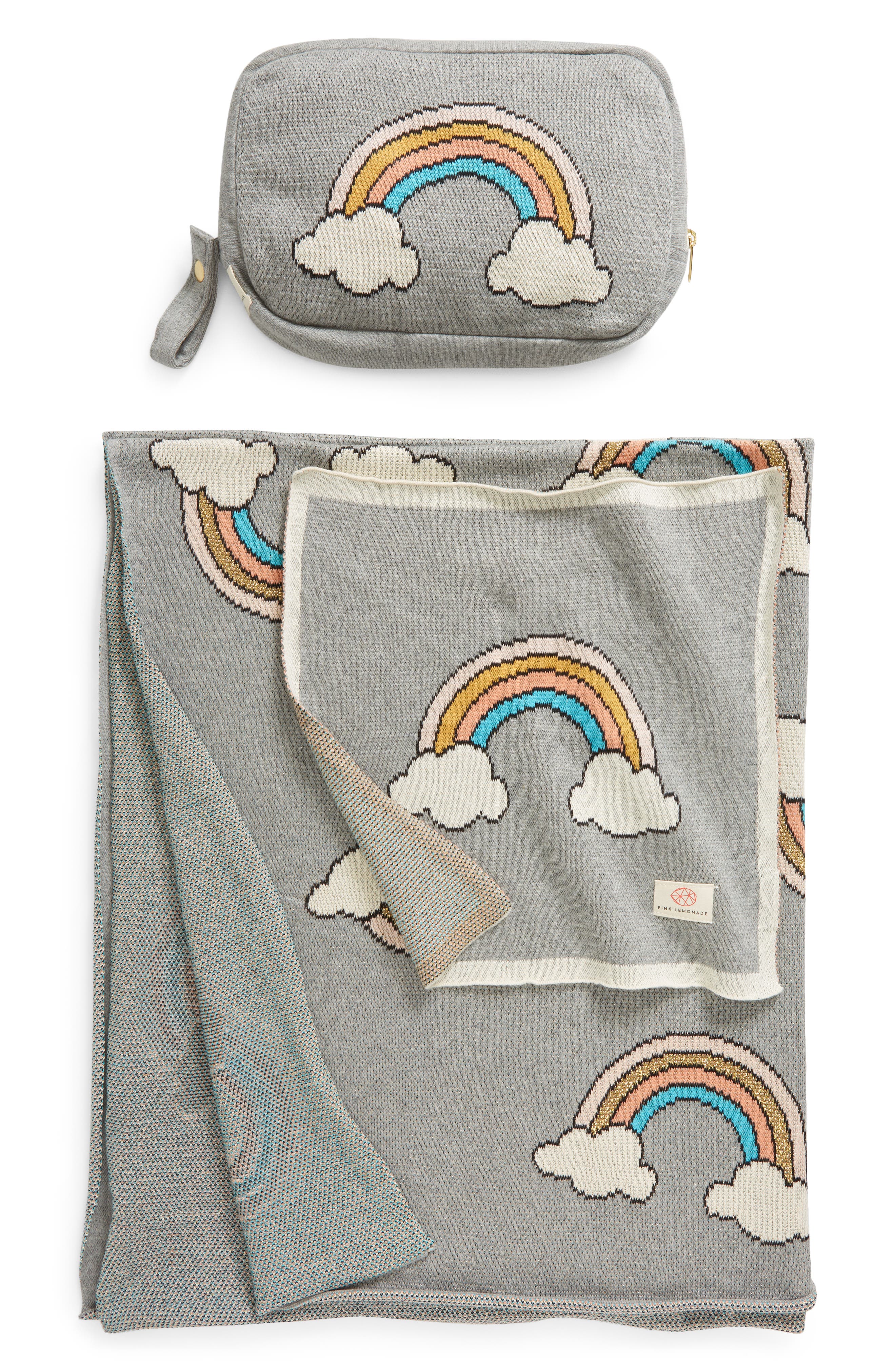 Pink Lemonade Rainbow Organic Cotton Baby Blanket & Travel Pouch Set in Grey 