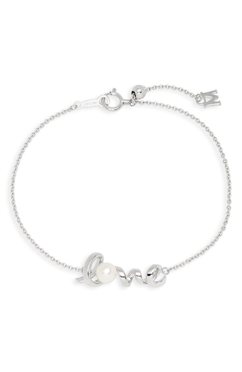 Mikimoto White Gold Pearl Love Pendant Bracelet, Main, color, 18Kw