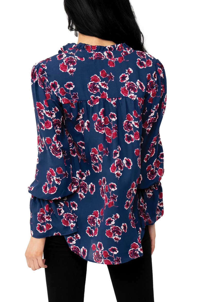 Floral Print Tie Neck Blouse, Alternate, color, BLUE DEPTHS FLORAL