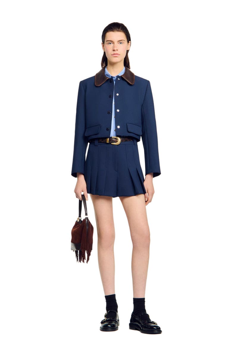 SANDRO Cropped jacket with leather collar, Alternate, color, Navy Blue