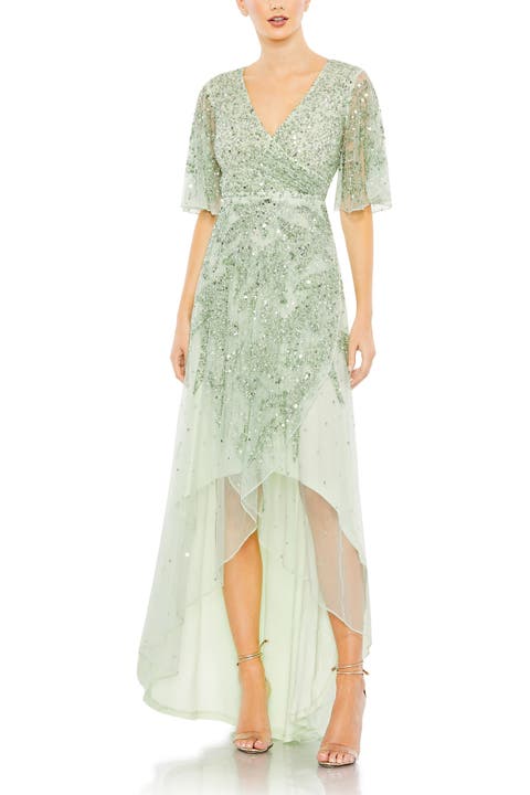 Sequined Butterfly Sleeve High Low Gown