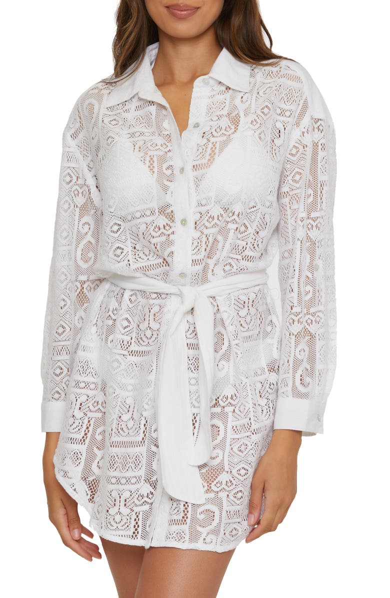 Becca Long Sleeve Sheer Lace Cover-Up Shirtdress, Main, color,