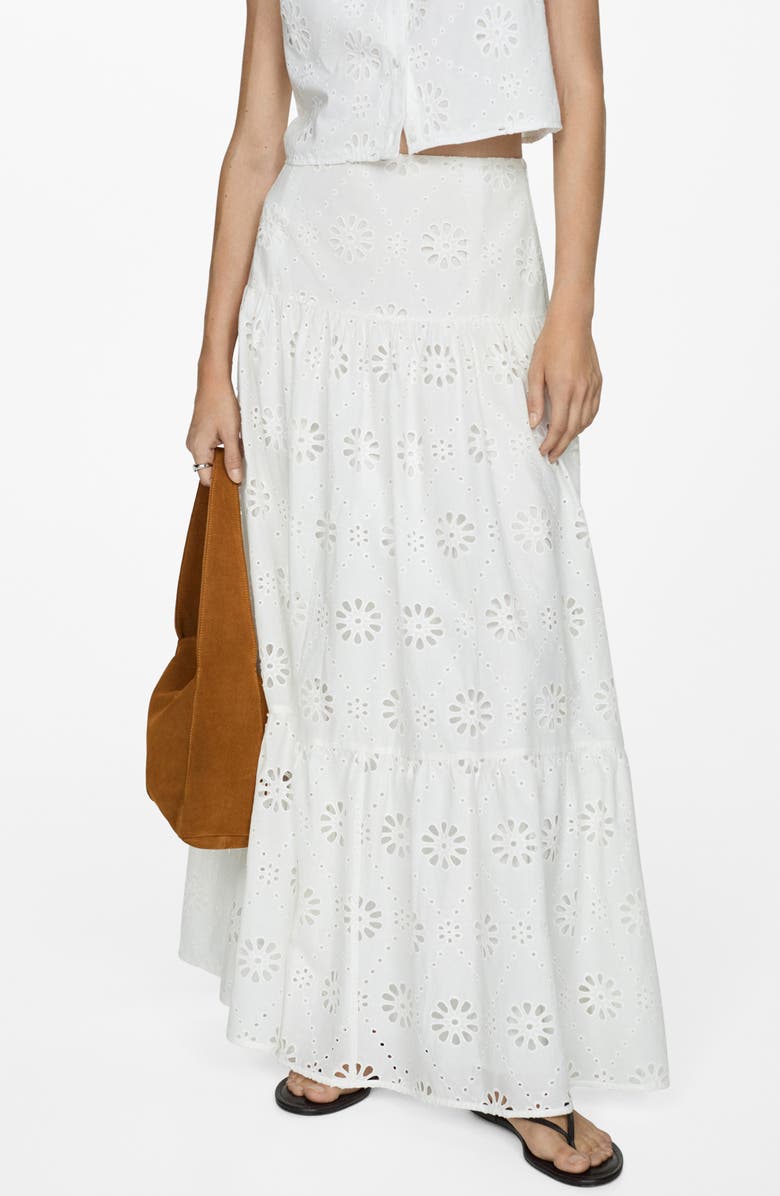 MANGO Eyelet Embroidered Tiered Cotton Maxi Skirt, Main, color, 