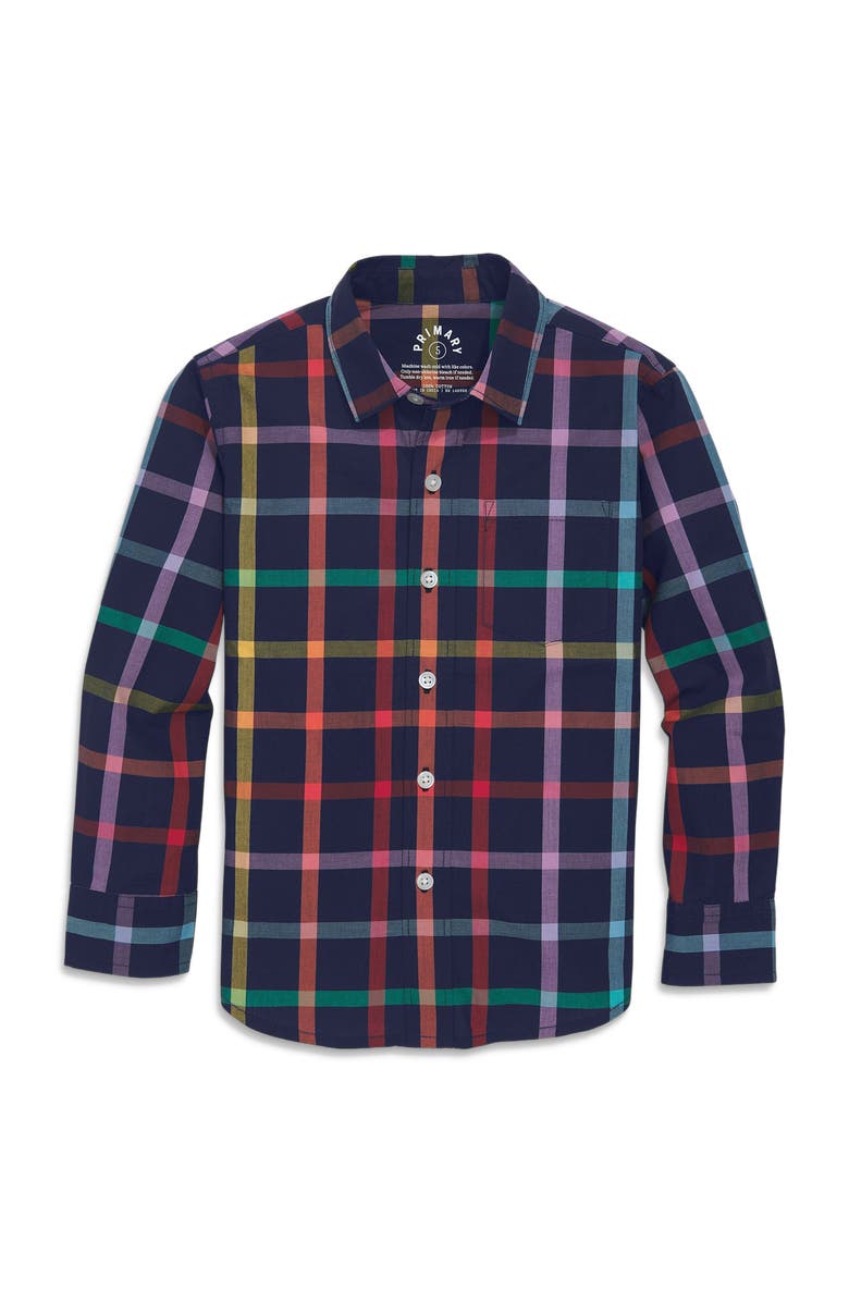 Primary Long Sleeve Rainbow Plaid Button Down, Main, color,