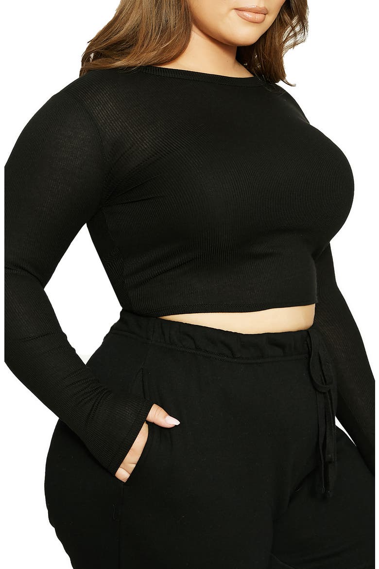 x Lori Harvey Crewneck Long Sleeve Rib Crop Top, Alternate, color, BLACK