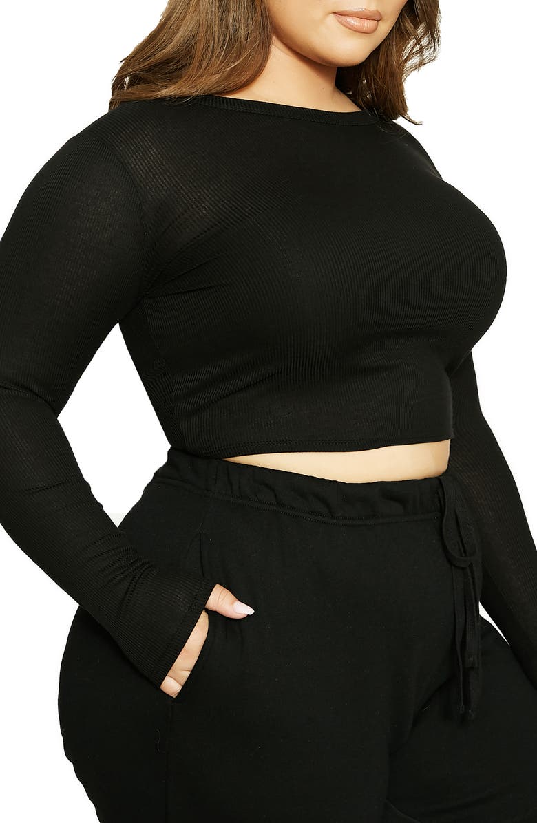 Naked Wardrobe x Lori Harvey Crewneck Long Sleeve Rib Crop Top, Alternate, color, 