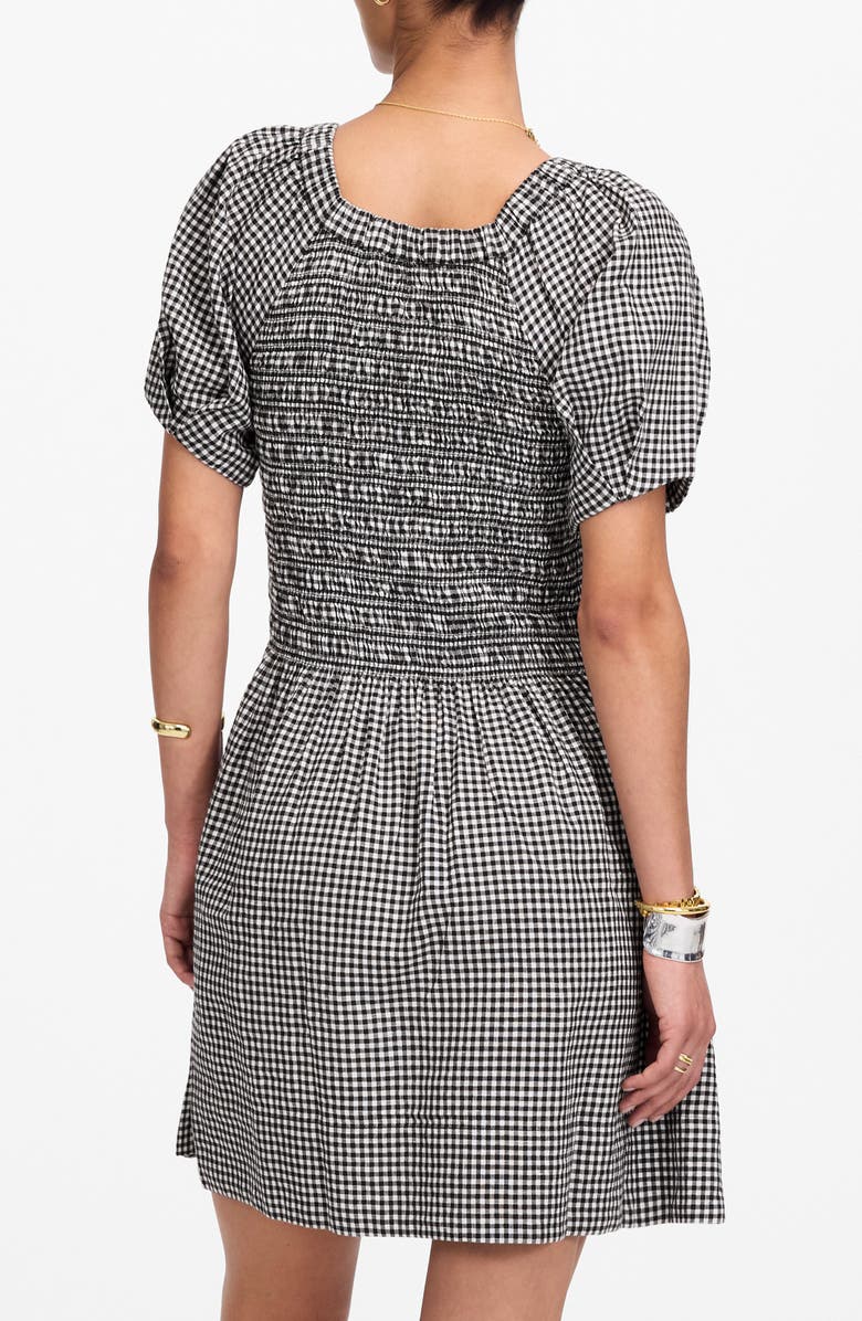 Madewell Gingham Smocked Linen Blend Mini Sundress, Alternate, color, Black White Gingham