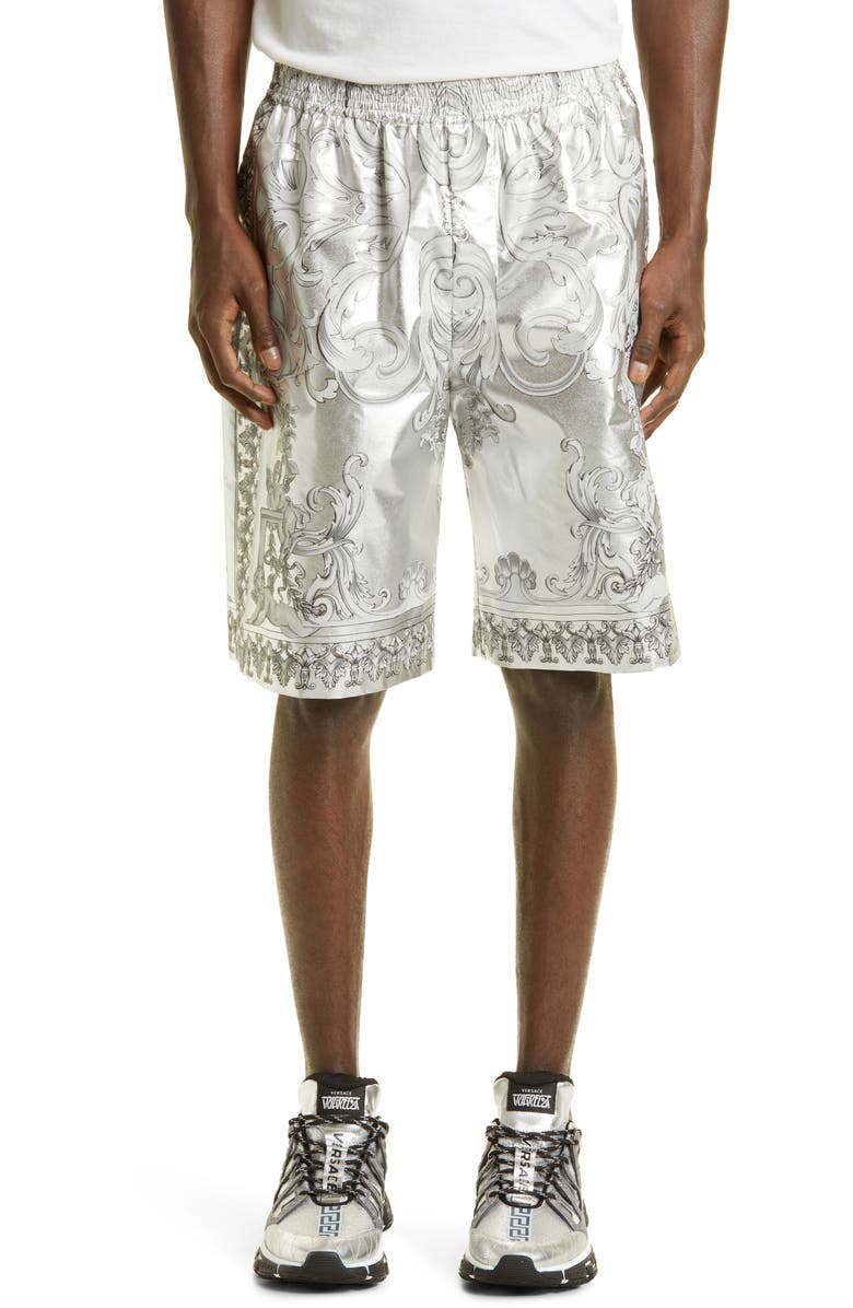 Versace Men's Silver Baroque Silk Shorts, Main, color, 