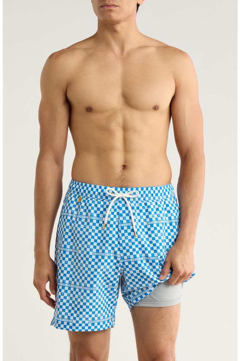 Checker Print Swim Trunks, Alternate, color, CAMPANULA