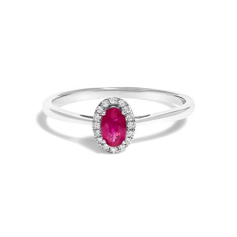 10K White Gold Oval and Diamond Accent Halo Birthstone Ring